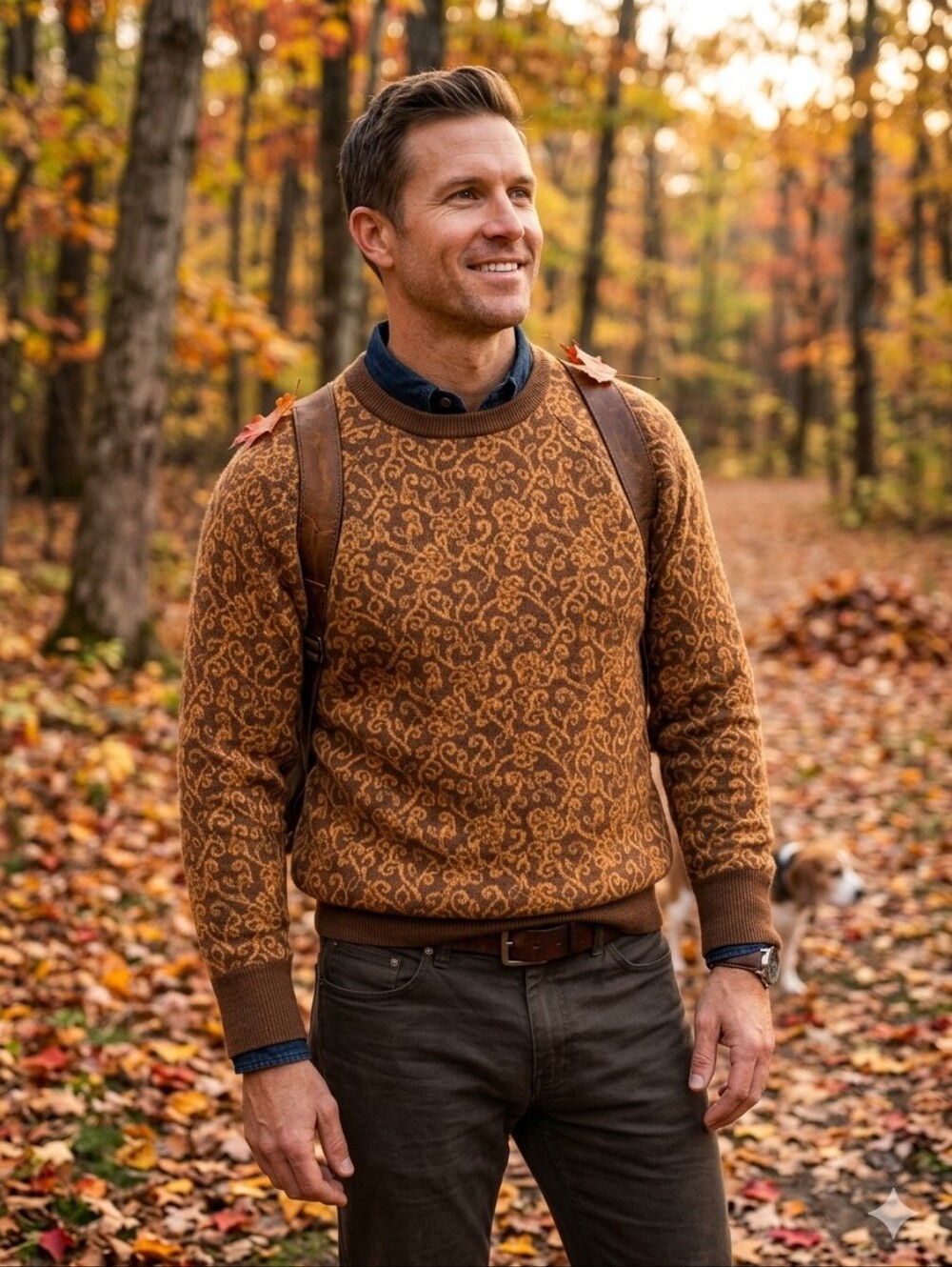 Sherpa Men's Brown Crewneck Sweater with Mustard Scroll Jacquard